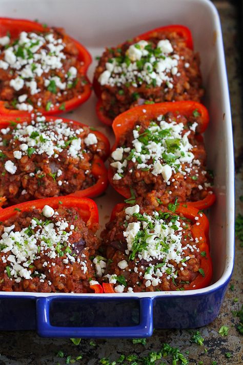 Greek Stuffed Peppers with Feta Cheese Recipe | Cookin' Canuck Weight Watchers Stuffed Peppers, Stuffed Veggies, Greek Stuffed Peppers, Feta Cheese Recipes, Stuffed Peppers Healthy, Paleo Soup, Feta Recipes, Greek Dishes, Cheese Recipe