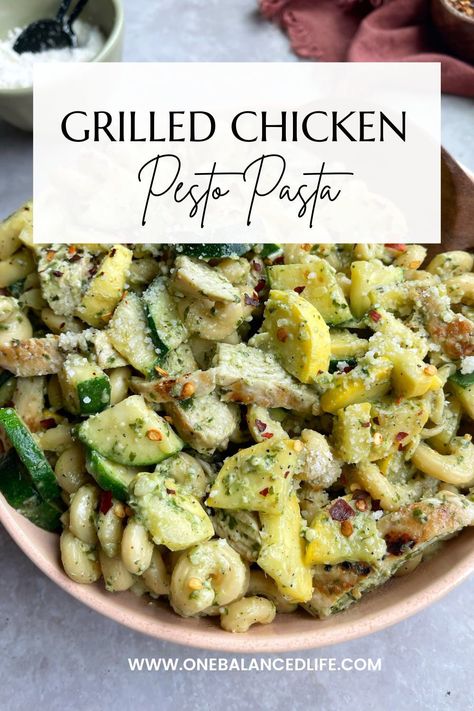 Make this Grilled Chicken Pesto Pasta for an easy lunch or dinner during the week! Made with simple ingredients and packed with flavor! Chicken Zucchini Pesto Pasta, Pasta And Pesto Recipes, Pesto Lunch Ideas, Healthy Pesto Chicken Pasta, Pesto Recipes Dinner Healthy, Grilled Chicken Pesto Pasta, Pesto Recipes Dinner, Grilled Chicken Pesto, Lemon Pesto Chicken