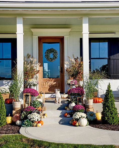 Gather galvanized buckets to host harvest combinations of pumpkins, flowering kale, and chrysanthemums. This front door display is easy to recreate at home! #homedecor #decorideas #falldecor #curbappeal #fallfrontdoor #bhg Porche Halloween, Potted Mums, Front Porch Flowers, Fall Front Door Decor, Fall Mums, Porch Flowers, Halloween Front Porch Decor, Halloween Porch Decorations, Garden Wallpaper