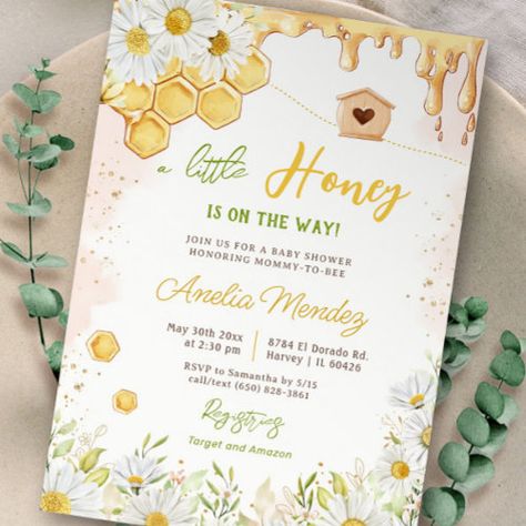 $2.8 | Little Honey Bumblebee Mommy to Bee Baby Shower - bumblebee party invites, little honey on the way, mommy to bee baby shower, honeycomb beeswax queen bee, spring floral flowers daisy daisies, yellow light green white blush, cute chic girly simple beautiful, it's a boy girl reveal, baby shower, gender neutral sprinkle Green And Yellow Gender Reveal Ideas, Green And Yellow Baby Shower Ideas, Bumblebee Party, Honey Bee Theme, Bee Baby Shower Invitations, Bee Baby Shower Theme, Wildflower Baby Shower, Mommy To Bee, Sprinkle Invitations