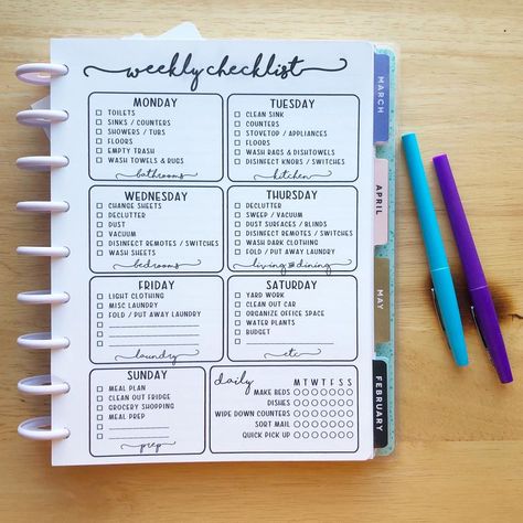 Weekly Checklist, Checklist Planner, Chore Checklist, Weekly Cleaning Checklist, Planner Cleaning, Bullet Journal Planner, To Do Planner, Happy Planner Layout, Physical Planner