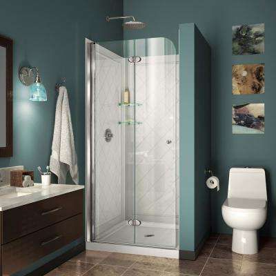 Aqua Fold 32 in. D x 32 in. W x 74 3/4 in. H Bi-Fold Shower Door in Chrome with Shower Base and Backwalls Bifold Shower Door, Small Showers, Tub Doors, Frameless Shower Doors, Shower Base, Frameless Shower, Shower Kits, Shower Remodel, Shower Screen