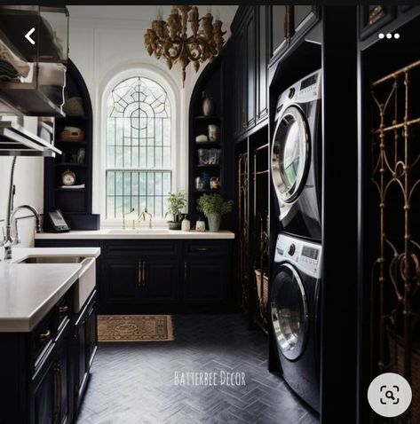 Black And White Victorian Kitchen, Modern Gothic Victorian House Interior, Modern Victorian Laundry Room, Gothic Style Interior Design, Black Victorian House Interiors, Gothic Modern House Interior, Dark Academia Laundry Room, Goth Laundry Room, Modern Gothic House Interior