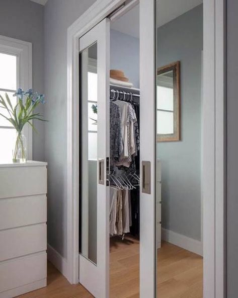 10 Best Closet Door Alternatives for %%currentyear%% | %%sitename%% Pocket Door Ideas, Mirror Pocket Door, Closet Door Alternative, Closet Door Ideas, Door Alternatives, Bedroom Closet Doors, Mirrored Doors, Sliding Pocket Doors, Swinging Doors