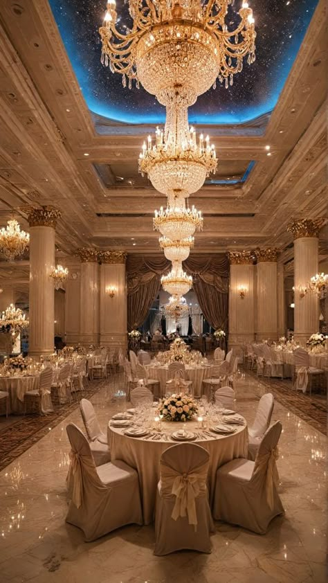 Winter Ballroom Wedding, Glamour Wedding Decorations, Royal Ballroom Aesthetic, Wedding Venues Indoor Elegant, Fae Castle, Castle Wedding Reception, Royal Wedding Aesthetic, Ballroom Wedding Dress, Royalty Wedding Theme