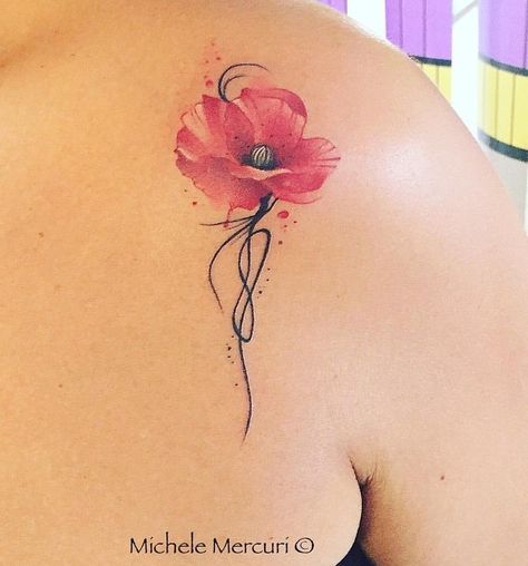 Watercolour Poppy Tattoo, Poppy Flower Tattoo Design, Watercolor Poppy Tattoo, Ankle Tattoo Ideas, Red Flower Tattoos, Fingerprint Tattoos, Mum Tattoo, Poppy Flower Tattoo, Hibiscus Tattoo