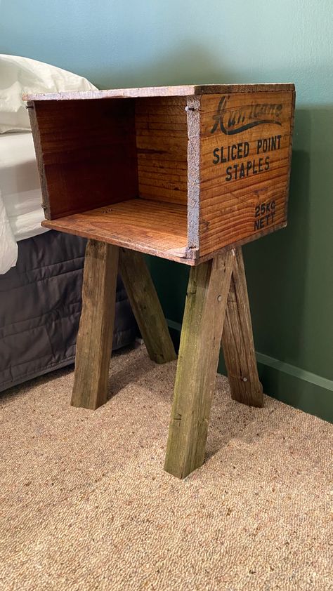 Old wooden staple crate upcycled to bedside table Wooden Crate Bedside Table, Crate Bedside Table, Bed Tables, Memory Boards, Rustic Bedside Table, Memory Board, Wooden Crate, Bedside Table, Diy Ideas