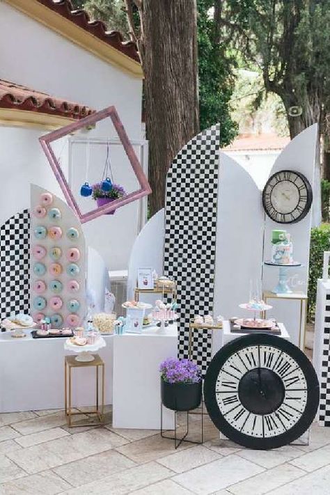 Don't miss this lovely Alice in Wonderland baptism! The dessert table is beautiful! See more party ideas and share yours at CatchMyParty.com Tea Party Birthday Ideas, Baptism Party Ideas, Tea Party Cake, Dessert Table Backdrop, Shabby Chic Party, Girls Birthday Party Themes, Dessert Table Decor, Unique Party Favors, Unique Tea