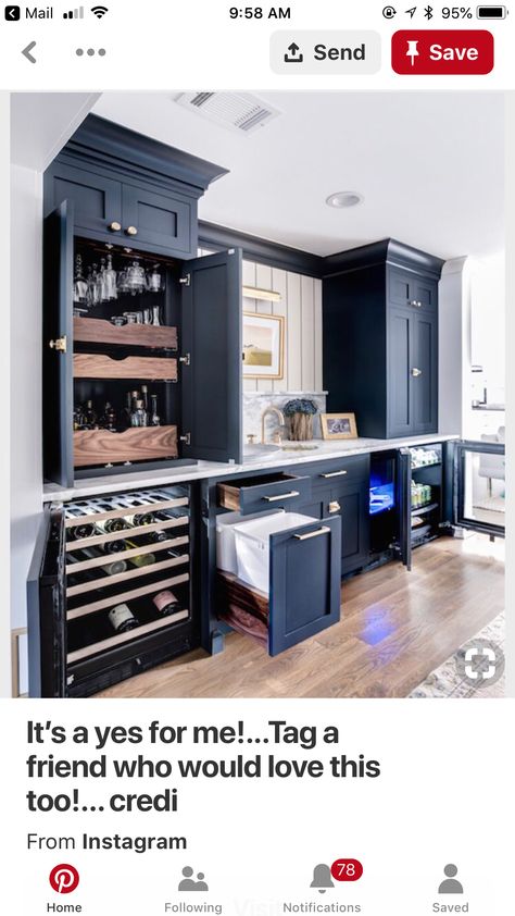 Like beverage tower pull out shelves above wine fridge (also like). Dont like the cabinetry facing though Bar Area Ideas, Home Bar Areas, Basement Bar Designs, Basement Kitchen, Built In Bar, Home Bar Designs, Basement Bedrooms, Blue Cabinets, Bar Room