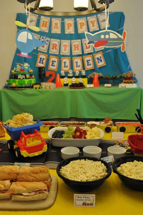 Kellen's On the Go 2nd Birthday | CatchMyParty.com Planes Trains And Automobiles Party, Toddler Boy Birthday, Planes Trains And Automobiles, Transportation Party, Transportation Birthday, Planes Party, Toddler Parties, Party Themes For Boys, Children Party