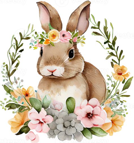 Easter Bunny with flowers watercolor illustration Photo Collage Maker, Cute Animal Clipart, Cute Easter Bunny, Trendy Tree, Flowers Watercolor, Easter Time, Easter Card, Printing Business Cards, Animal Clipart