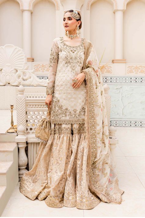 Buy MC-906 Suit Ivory Gold MC-906-Ivory Gold Online at Maria B Bridal Gharara, Traditional Kurti, Pakistani Lehenga, Wedding Dresses Pakistani, Pakistani Bridal Dress, Dusty Pink Dresses, Pengantin India, Nikkah Dress, Wedding Dress Outfit