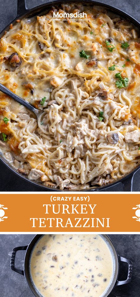 This turkey tetrazzini is loaded with juicy turkey, creamy pasta, and sautéed veggies. It's the ultimate comfort food and a perfect way to use up leftover turkey! One Pot Turkey Tetrazzini, Pasta With Turkey Meat, Turkey Spaghetti Recipes, Turkey Tetrazzini Recipe Easy, Turkey Pasta Recipes, Leftover Turkey Pasta, Easy Turkey Tetrazzini, Turkey And Noodles Recipe, Pasta With Turkey