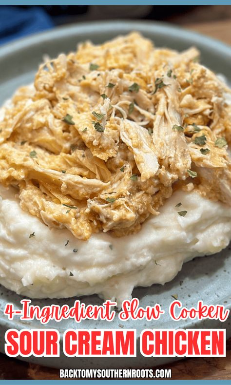 Discover the easiest 4-ingredient slow cooker sour cream chicken recipe! 🍗 Just toss everything in your crockpot, and let it do the work for a creamy, delicious dinner. The Crock Pot chicken recipe is perfect for busy weeknights! #CrockpotRecipe #EasyDinners #SlowCookerMagic #Yum Crock Pot Chicken Recipe, Recipes Using Sour Cream, Cream Chicken Recipes, Slow Cooker Chicken Casserole, Creamy Crockpot Chicken, Shredded Chicken Crockpot, Crockpot Chicken Breast, Cream Chicken, Sour Cream Chicken