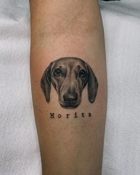 Text Tattoo Arm, Dog Head Tattoo, Tommy Tattoo, Pablo Tattoo, Dog Portrait Tattoo, Puppy Care Tips, Dachshund Tattoo, Nature Tattoo Sleeve, Dachshund Training