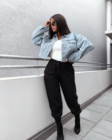 addicted to cropped denim jackets . . . . via @itslibes . . . . #ootdfashion #fashionnova #luxury #fashion #fashion #fashionbaw… Black Denim Jacket Outfit Winter, Cropped Denim Jacket Outfit, Black Sweatpants Outfit, Black Joggers Outfit, Cute Sweatpants Outfit, Cute Sweatpants, Denim Jacket Outfit, Sweatpants Outfit, Joggers Outfit