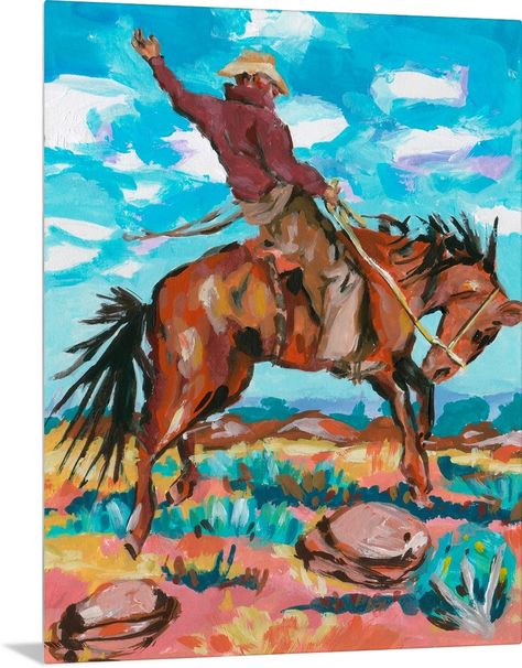 Metal Print entitled Yee Haw I.  Multiple sizes available.  Primary colors within this image include Teal, Pink, Burgundy, Peach.  Made in USA.  Satisfaction guaranteed.  Inks used are latex-based and designed to last.  Canvas is designed to prevent fading.  Canvas is a 65 polyester, 35 cotton base, with two acrylic latex primer basecoats and a semi-gloss inkjet receptive topcoat. Yee Haw Painting, Funky Western Art, Pink Western Painting, Abstract Cowboy Painting, Trippy Cowboy Art, Abstract City, Painted Pony, Yee Haw, Painting People