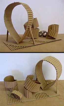 Corrugated Cardboard Sculpture Lesson | Art Lesson Plans Could be about a roller coaster/ science? Cardboard Relief, Cardboard Sculptures, Cardboard Art Sculpture, Cardboard Model, Sculpture Lessons, Easy Holidays Crafts, Concept Models Architecture, Cardboard Sculpture, Cardboard Art