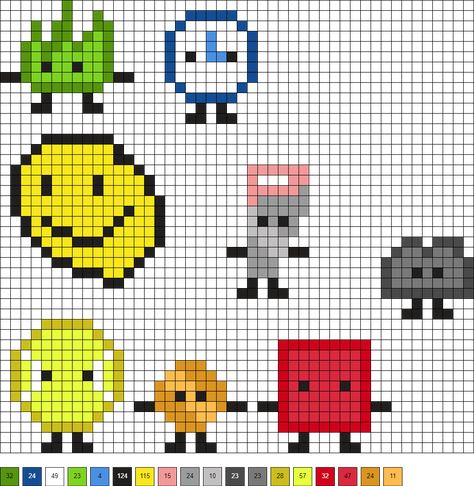 Grassy, Clock, Yellowface, Saw, Rocky, Tennis Ball, Coiny, and Blocky from BFDI Bfdi Perler Bead, Bracelet Hacks, Melty Bead Designs, Pearl Beads Pattern, Easy Pixel Art, Pixel Art Templates, Paint Brush Art, Pixel Crochet, Graph Paper Art