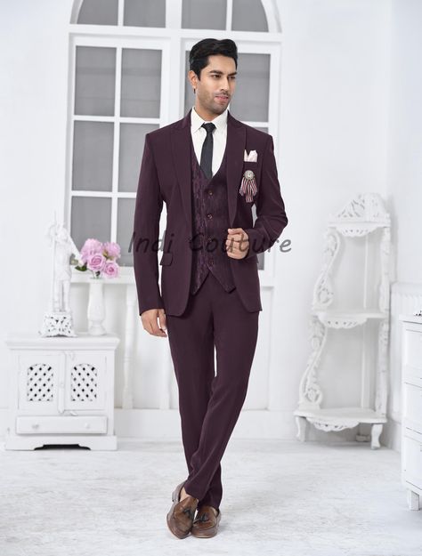 Designer Coat Pant Vest  Top colour Maroon  Fabric -- Suiting fabric ( top notch quality ) Our suits are made as orders only ,  If you can provide your size (Body measurements) . Size request  Top  Chest  Shoulder  Sleeves Jacket length Pants  Waists  Hip Waist to toe  Inseam  Elevate your wedding attire with our custom-made Tuxedo Coat Pant Vest Set, featuring a striking blue coat and pant elegantly paired with a designer silver vest. Crafted with high-quality materials, this three-piece set is tailored to perfection, ensuring a flattering fit for all body types. The sophisticated blue color exudes charm, while the silver vest adds a touch of elegance that sets you apart on your special day. Designed for wedding parties, this tuxedo is perfect for grooms and groomsmen looking to make a st Coat Pant For Men Suits Wedding, Coat Pant For Men, Silver Vest, Party Wear Blazers, Men Suits Wedding, Groomsmen Looks, Tuxedo Coat, Maroon Fabric, Blazer For Men