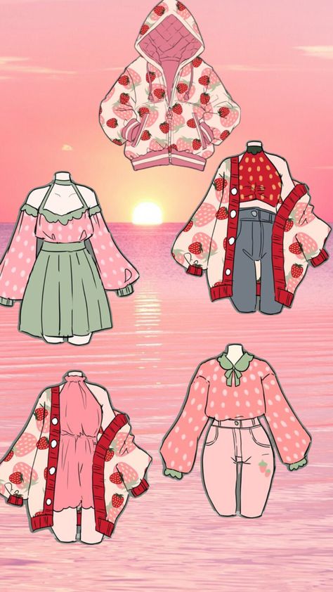 Fruit Outfits Drawing, Watermelon Inspired Outfit, Cute Drawn Outfits, Strawberry Dress Drawing, Strawberry Outfit Drawing, Fruit Outfit, Clothes Design Drawing, Strawberry Outfit, Body Type Drawing