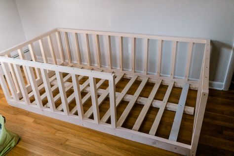 Twin Bed Rails, Build Floor Bed, Floor Crib Diy, Floor Bed Frame Toddler, Diy Full Floor Bed, Floating Toddler Bed, Toddler Floor Bed Twin, Floor Beds For Twins, Toddler Floor Bed With Rails