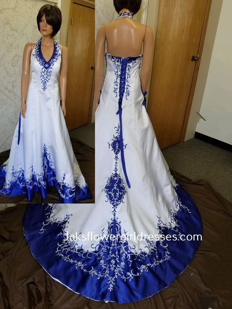 Blue And Gold Wedding Dress, Blue And White Wedding Dresses, White And Royal Blue Wedding, Royal Blue Wedding Dress, Royal Blue And Gold Wedding, Royal Blue And White Wedding, Denim Wedding Dresses, Shapewear For Wedding Dress, Halter Top Wedding Dress