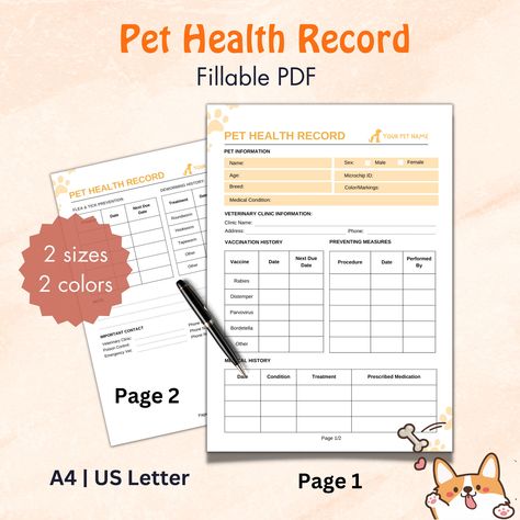 Record Printable, Record Template, Pet Health Record, Health Record, Tick Prevention, Veterinary Clinic, Female Names, Dog Breeder, Pet Sitters