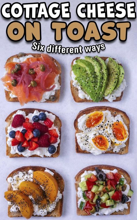 Six slices of toast each with a different topping with a text title overlay. Cheese Breakfast Ideas, Cottage Cheese On Toast, Recipes Using Cottage Cheese, Cottage Cheese Recipes Breakfast, Salmon Avocado Toast, Salmon Tomato, Cottage Cheese Toast, Cheese Toast Recipe, Cheese On Toast