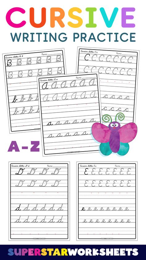 Grab these cursive writing practtice worksheets! They are free, printable PDF downloads of cursive letters in uppercase and lowercase and engage students of all ages! Free Cursive Worksheets, Cursive Alphabet Printable, Cursive Penmanship, Cursive Practice Sheets, Cursive Writing Practice, Lowercase Letters Practice, Lowercase Cursive Letters, Alphabet Cursive, Letter Practice Sheets