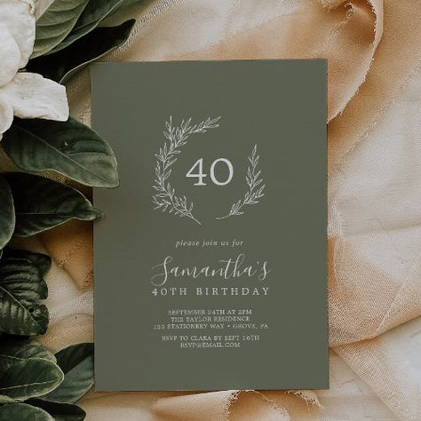 Minimal Leaf Dark Green 40Th Birthday Invitation #zazzle #weddinginvitations #birthdayinvitations #babyshowerinvitations #zazzleinvitations #monogram #businesscards #graduation #homedecor 92nd Birthday, Gold Foil Invitation, Forty Birthday, Sage Wedding, 40th Birthday Invitations, Adult Birthday Invitations, Foil Invitations, 40th Birthday Parties, Rustic Invitations