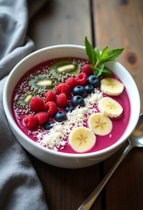 A vibrant pink smoothie bowl filled with fresh fruits including sliced bananas, kiwi, raspberries, and blueberries, topped with chia seeds and shredded coconut on a wooden table. Breakfast Astethic, Healthy Astethic, Pink Smoothie Bowl, Smoothie Bowl Aesthetic, Food Cleanse, Raw Food Cleanse, Bowl Aesthetic, Pink Smoothie, Smoothie Shop