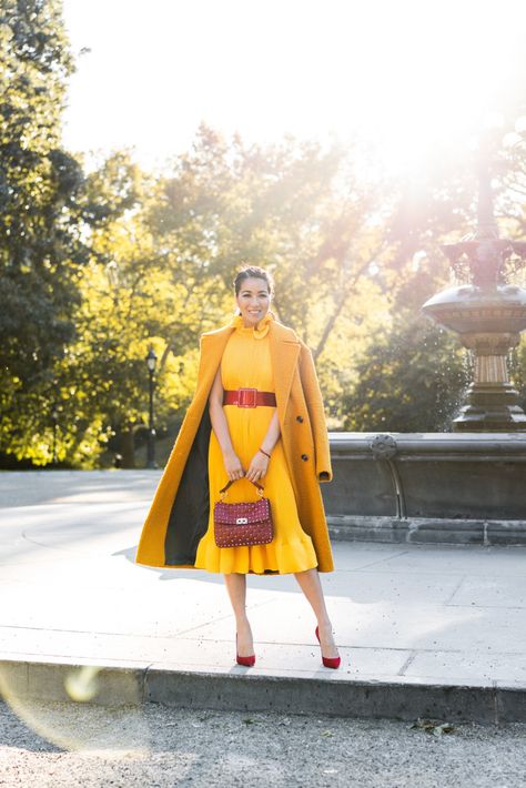 Monochromatic Outfit Skirt, Suede Pumps Outfit, Red Scarf Outfit, Yellow Sweater Dress, Sweater Dress Boots, Wendy Nguyen, Pink Suede Pumps, Wendy's Lookbook, Monochromatic Fashion