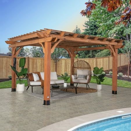 The Beaumont pergolas by Backyard Discovery were designed and engineered in three larger footprints to accommodate generous spaces that command pizazz! The Beaumonts alluring all cedar traditional design lends visual appeal to this brawny pergola. In addition to it's beauty, you can be confident in the Beaumont as it is a Pro-Tect Tested & Proven performance structure; Tested & Proven to withstand up to 100 mph winds. With both dual structural cross beams and corbels along with robust 6x6 posts, Diy Gazebo, Pergola Diy, Gazebo Plans, Steel Pergola, Diy Backyard Patio, Cedar Pergola, Patio Pergola, Hardtop Gazebo, Wood Pergola