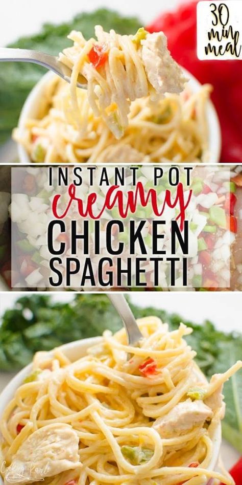 Instant Pot Creamy Chicken Spaghetti is a flavor packed dinner the whole family will enjoy. The from scratch creamy sauce flavored with onions and peppers compliment the chicken and al dente spaghetti noodles perfectly. This Instant Pot pasta dish will be your new go to favorite!  |Cooking with Karli| #instantpot #spaghetti #chickenspaghetti #peppersandonions #creamy #recipe #dumpandstart Creamy Chicken Spaghetti, Spaghetti Easy, Instant Pot Pasta, Cooking With Karli, Resep Pasta, Chicken Spaghetti Recipes, Instant Pot Pasta Recipe, Chop Suey, Spaghetti Noodles