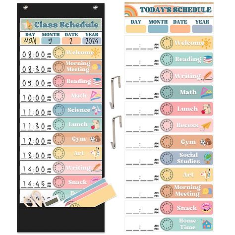 PRICES MAY VARY. Keep Your Classroom Organized == Transform your classroom into an engaging learning environment with our daily schedule pocket chart. Made from high-quality, durable fabric, this pocket chart for classroom is built to withstand the hustle and bustle of busy school days. Whether you're a teacher looking to streamline your daily routine or a parent aiming to create a structured home learning space, this daily schedule chart is the ideal tool to help you succeed. Interactive Learni Chart For Classroom, Back To School Preschool, Daily Schedule Kids, Classroom Items, Visual Schedule, Chart For Kids, Kids Schedule, School Schedule, Time Management Skills