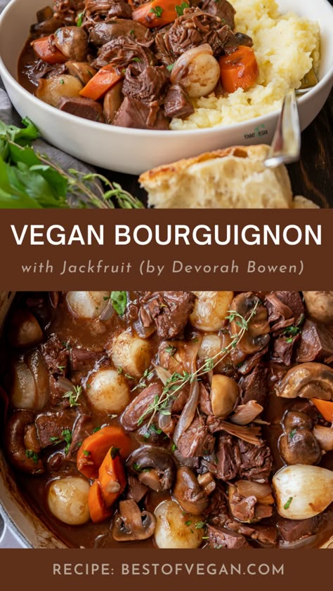 Vegan Gourmet Dinner, Slow Cooker Vegan, Jackfruit Roast, Vegan International Recipes, Vegan Crockpot Meals, Vegetarian Bourguignon, Jackfruit Stew, Vegan Jackfruit Recipes, Vegan Batch Cooking