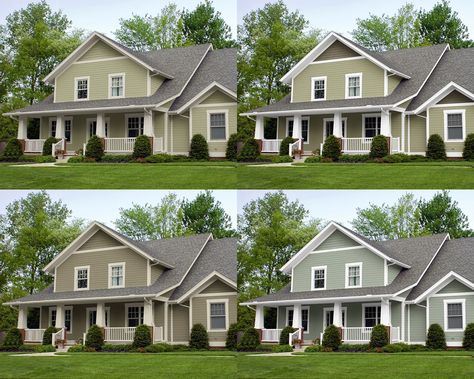 I like the bottom right, oyster bay by Sherwin Williams. Green Colour House, Sage Green Exterior House Colors, Warna Sage, Colour House, Green Exterior Paints, Off White Trim, Green Exterior House Colors, Grey Exterior House Colors, Green House Exterior