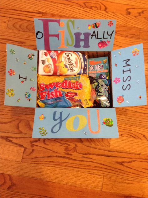 I oFISHally miss you care package. College Gift Boxes, Camp Care Packages, Diy Care Package, Missionary Care Packages, Deployment Care Packages, Military Care Package, College Diy, College Care Package, Care Box