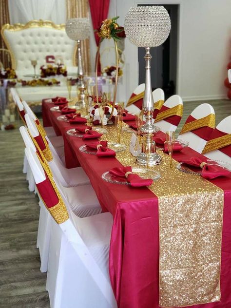 Red Table Cloth With Gold Runner, Ivory Red And Gold Wedding, Red And Gold Birthday Table Decorations, Red Gold Table Setting, Red And Gold Table Decorations, Red And Gold Table Decor, Red White Gold Wedding Decoration, Red White And Gold Centerpieces, Red And Gold Table Setting