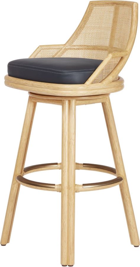 The Hayes Swivel Counter/Barstool takes inspiration from the Hayes Dining Chair: from the dramatic sweep of the arm, high back and comfortable pitch to the intricate framework on the outside back. The stool features a 6 over 6 caned interior, accentuated by a graphic rattan frame that curves to the body. Contemporary in design, the use of classic rawhide bindings draw from McGuire's rich history and patented technique. Grey Velvet Chair, Mcguire Furniture, Green Velvet Chair, Dark Trim, High Back Dining Chairs, Kitchen Counter Stools, Counter Bar, Blackened Steel, California Casual