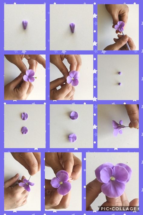 Flower Tutorial Polymer Clay, Polymer Clay Flowers Step By Step, Clay Flowers How To Make Easy, Clay Flower Tutorial, Polymer Clay Miniature Flowers, Polymer Clay Lily Tutorial, Polymer Clay Pansy Tutorial, Handmade Purple Polymer Clay Flower Earrings, Fondant Flower Tutorial