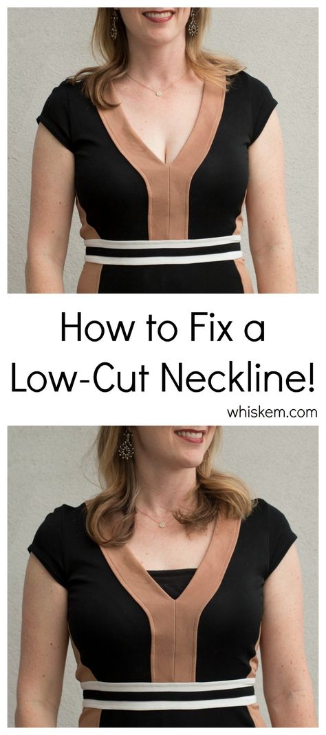 Ever encountered a T-shirt, V-neck dress or other top with that shows a bit too much cleavage?  A simple sewing hack will help you fix any low cut neckline! Follow this simple DIY tutorial to add a modesty panel to a shirt and never worry about flashing people again. Low Neckline Dress, Low Neck Tops, Low Neck Dress, Low V Neck Dress, Plunging Neckline Dress, Low Cut Dresses, Deep V Neck Dress, Trendy Sewing, Low Neckline