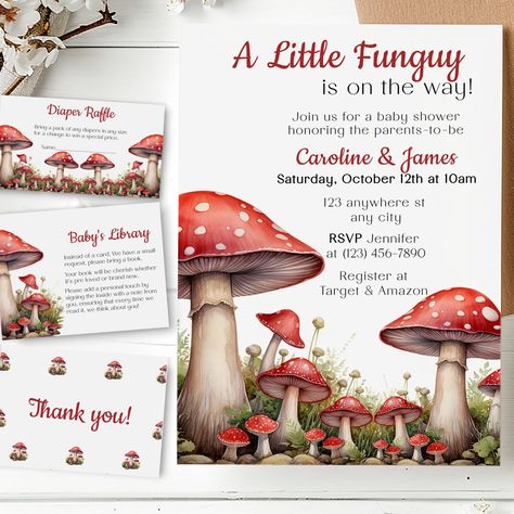 Mushroom Baby Shower Invitation Bundle | A Little Funguy Is On The Way | Editable Mushroom Baby Shower | Red and White Wild Mushroom | L00F2 by Luxxzi on Etsy Red And White Mushrooms, Whimsical Baby Shower, Red And White Mushroom, Forest Baby Showers, Baby Shower Woodland Theme, White Mushrooms, Shower Inspiration, Invitation Baby Shower, Wild Mushrooms