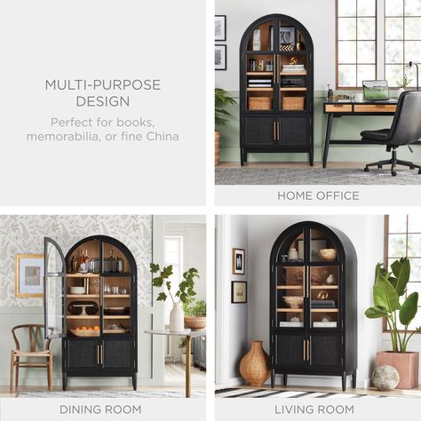 Black Display Cabinet Living Room, Black Arched Cabinet Living Room, Arhaus Hattie Cabinet, Enzo Bookcase, Rattan Cabinet Doors, Black And Natural Wood China Cabinet, Bookcase With Rattan Doors, Arched Rattan Bookcase, Glass Door Bookcase Black