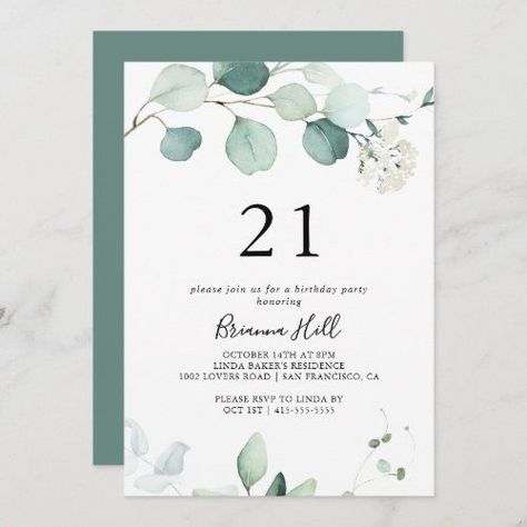 $2.51 | Summer Green Eucalyptus Leaf 21st Birthday Party Invitation #simple21bdaycelebtration #eleganttwentyfirstbirthday #calligraphymilestonebirthdayforwomen #classicfancyscripttypography #whitefloral21stbirthdayparty #eucalyptus21stbirthday #greenfoliageadultbirthday #modernillustratedtwentyone Sage Green Birthday Party Invitations, Green 21st Birthday Ideas, 21st Birthday Template, 21 Birthday Invitations Ideas, Birthday Party Invitations For Adults, Birthday Diner, 21st Invitations, 21 Dinner, 21th Birthday