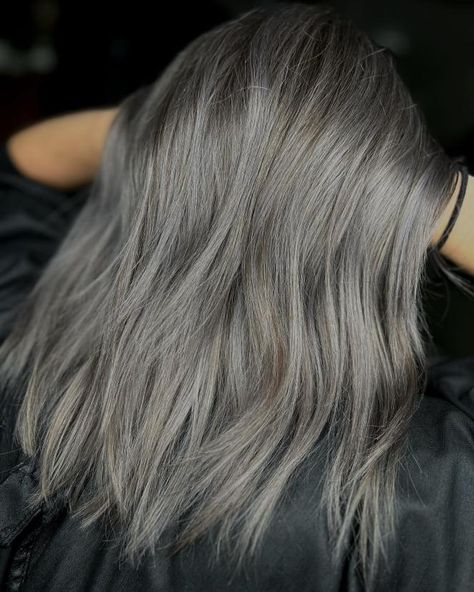 Mushroom Brown Hair with Metallic Gray Highlights Metallic Ash Brown Hair, Mushroom Gray Hair Color, Mushroom Brown Grey Hair, Brown Hair Silver Streak, Ash Streaks, Mushroom Brown Gray Blending, Partial Highlights Mushroom Brown, Toners For Gray Mashroom Brown Hair, Highlights For Gray Hair