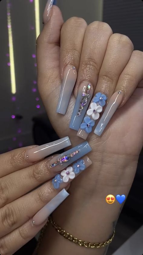 Light Blue 15 Nails, Long Light Blue Nails With Rhinestones, Light Blue 3d Flower Nails, Light Blue Sweet 16 Nails, Light Blue Quinceanera Nails, Light Blue Nails With Gems, Dusty Blue Prom Nails, Quince Makeup Light Blue, Light Blue Makeup Looks Quince