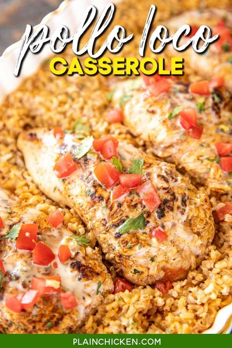 Pollo Loco Casserole - baked Mexican chicken and rice casserole. This is seriously the BEST!!! I've made this once a week for a month and can't get enough of it!!! Diced tomatoes and green chiles, cumin, chili powder, onion powder, garlic powder, chicken broth, instant brown rice, chicken breast, Lawry's Baja Chipotle marinade and white cheese dip. I wanted to lick my plate this was so good! Ready to eat in about 30 minutes! Chicken Rice Tomatoes Casserole, Mexican Chicken With Rice, Pollo Loco Recipe, Pollo Loco Chicken Recipe, Mexican Chicken And Rice Casserole, Mexican Chicken Breast Recipes, Mexican Chicken Breast, Chipotle Marinade, Mexican White Cheese Dip