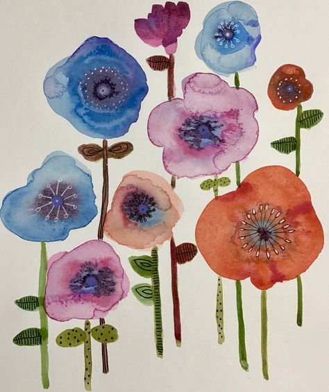 Funky Art Watercolour, Funky Watercolor, Ephemera Diy, Funky Florals, Art Watercolour, Watercolour Art, Alcohol Inks, Pen Art, Hand Work